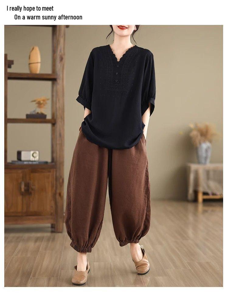 Women's Retro Cotton Linen Plus-Size Summer T-shirt with Loose Seven-Sleeve Design