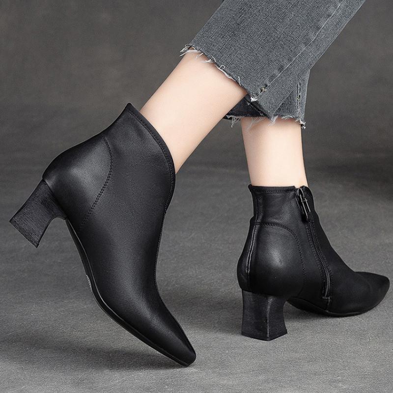 Johnature High Heel Spitzschuh Damen Stiefel Vintage Echtes Leder Vielseitiges Temperament Damenschuhe