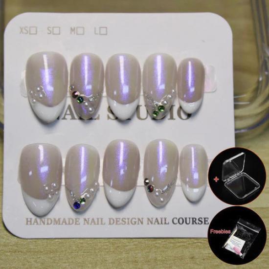 

100% РУЧНАЯ РАБОТА Короткие миндалевидные перламутровые прозрачные французские типсы Искусственные накладные ногти Волшебная зеркальная пудра Ultimate Minimalist Fake Nails Set L