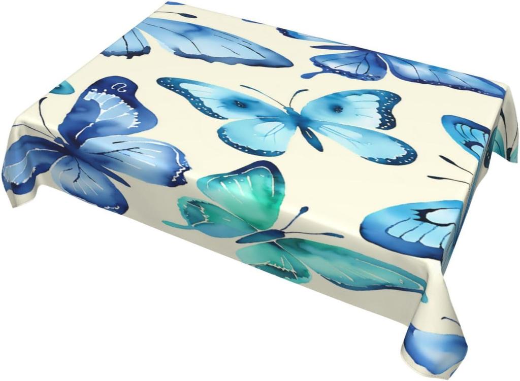 Blue Butterfly Rectangle Tablecloth - Watercolor Bright Colorful Tropical Morpho Butterflies Kitchen Dining Cover