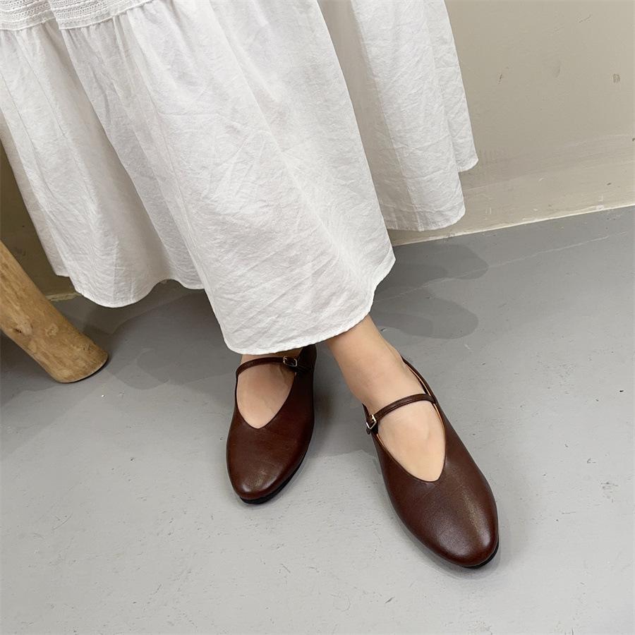 Johnature Genuine Leather Flats Women's Shoes Round Toe Casual Shallow Belt Buckle Soft Soled Shoes