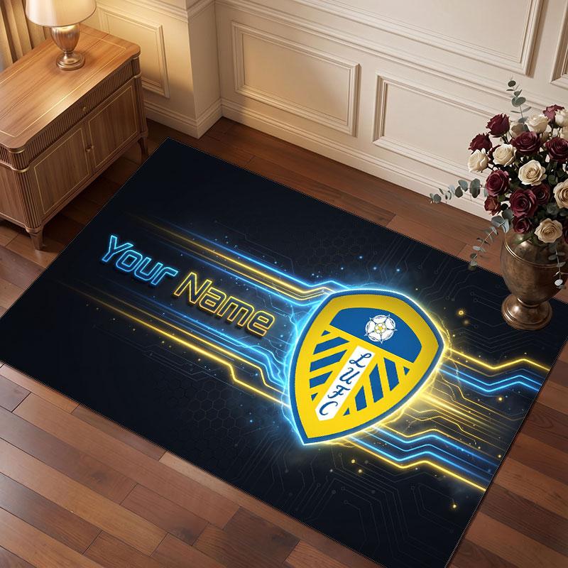 Leeds United Custom Crystal Velvet Rug, Personalized Name Text Print, Football Logo Soft Non‑Slip Floor Mat Home Decor Gift
