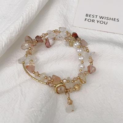 Guochao Temperament Pearl Crystal Jade Double Circle Bracelet Niche Personality Bracelet Fashion High-end Jewelry Women's Accessories