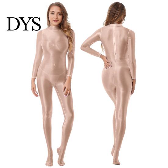 Supportive Bodysuit Lady Glossy Bodystocking Stretchy Sexy Full Long Sleeve Jumpsuit with Zipper Shiny Smooth Leotard Catsuit for Dance Practice Club