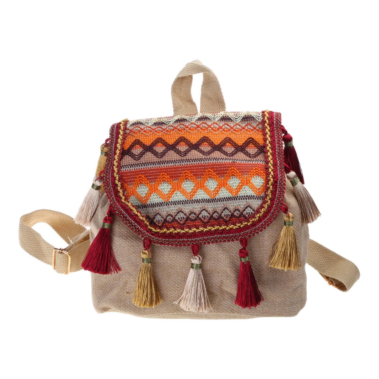 Сумка через плечо с двойным ремнем, рюкзак для девочек-студентов, универсальная сумка с кисточками, школьный рюкзак в этническом стиле для отдыха оранжевый