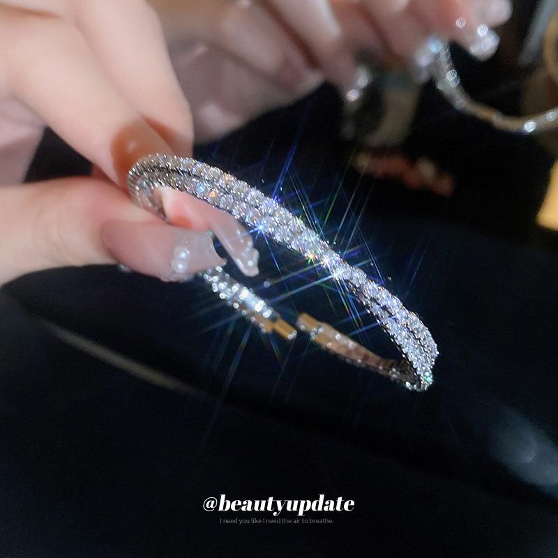 Zircon Double-layer Cross-opening Bracelet Light Luxury Niche High-end Bracelet Simple Personality Versatile Jewelry Wholesale Women