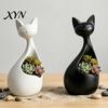 Desktop Succulents Holder Cute Cat-Shaped Sculpture, Hollow Out Ceramic Kitty Flower Pot with Smiling Face, Adorable Modern Planter Decor &