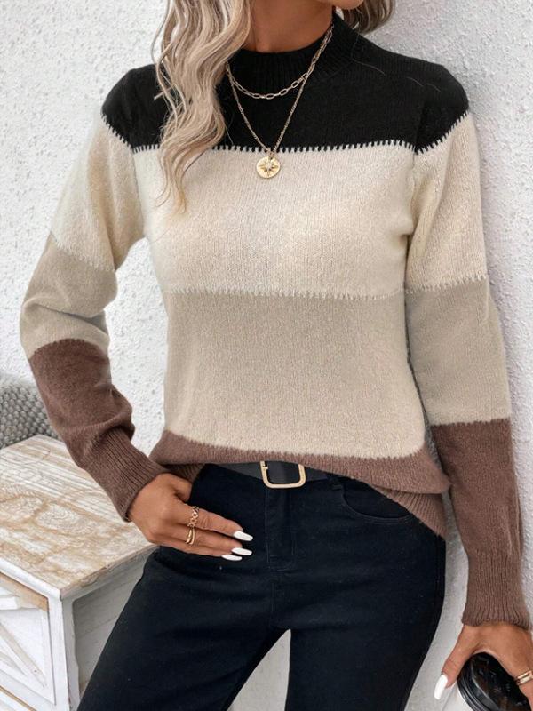 Colorblocking Pullover Damen Rundhals Langarm Strickpullover Lässiges Vielseitiges Oberteil