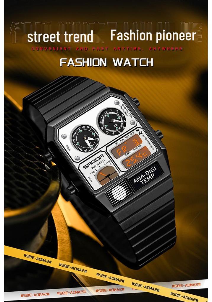 Sanda Men's Multi-Function Square Steel Band Watch with Temperature Measuring and Stopwatch Timer