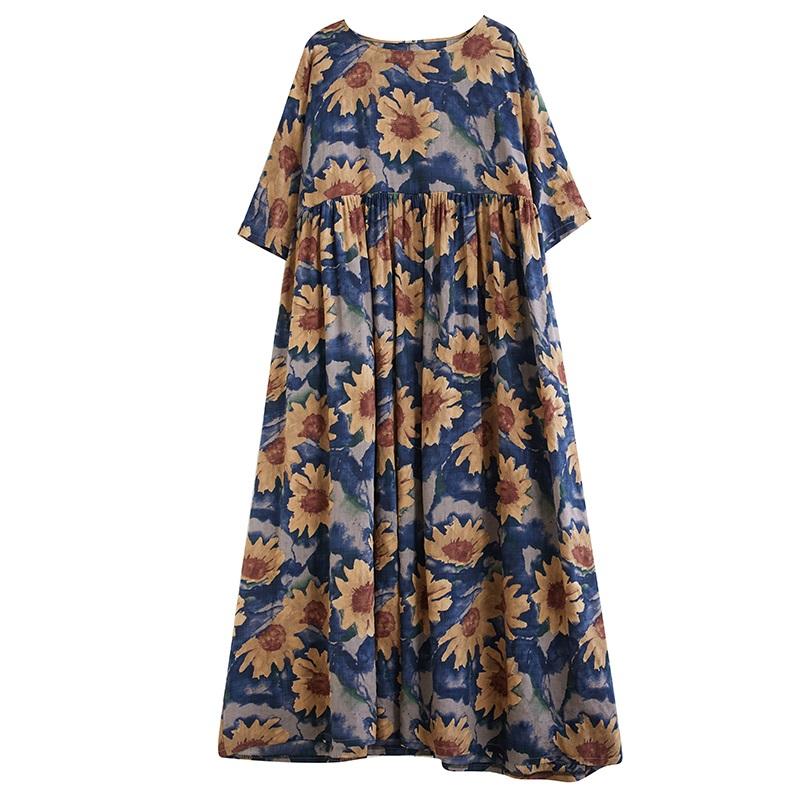 Short Sleeve Plus Size Cotton Vintage Floral New In Dresses for Women Casual Loose Long Summer Dress