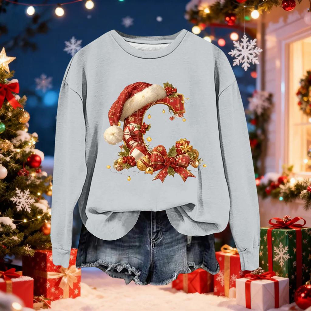 Women's Fashionable Casual Long-Sleeved Christmas Letter Print Crew-Neck Sweatshirt