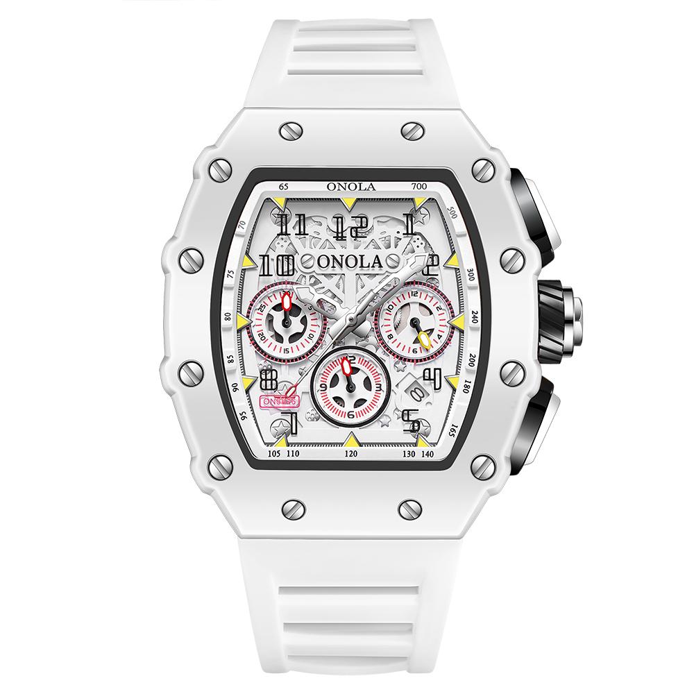 ONOLA Watches for Men Fashion Casual Tonneau Multifunctional Soft Silicone Strap Waterproof White Quartz Mens Watch Reloj Hombre