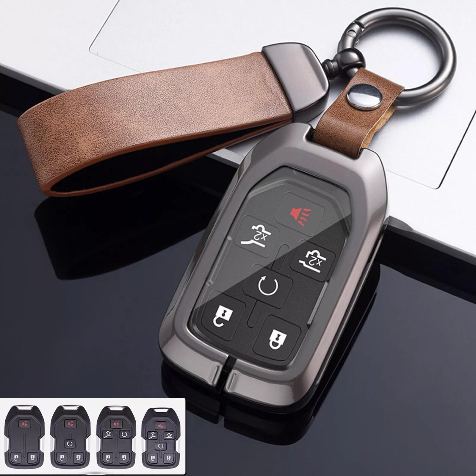For GMC Sierra Terrain Yukon Tahoe Zinc Alloy Leather Remote Key Fob Case Cover Brown With Chain2