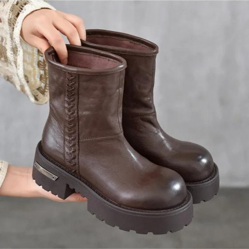 Johnature Genuine Leather Thick Soled Thick Heel Mid-calf Boots Plush Warm Women's Slip-on Boots