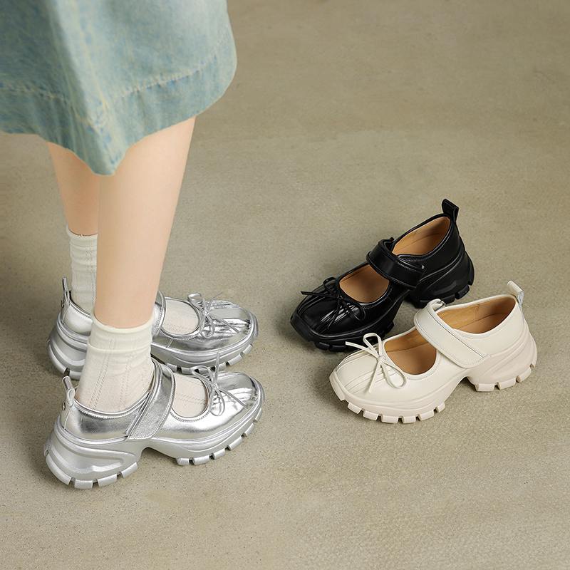 Krazing Pot Sheepskin Spring Autumn Summer Sneakers Platform Lace Up Silver Color Butterfly-knot Thick Bottom Women Fashion Shoes