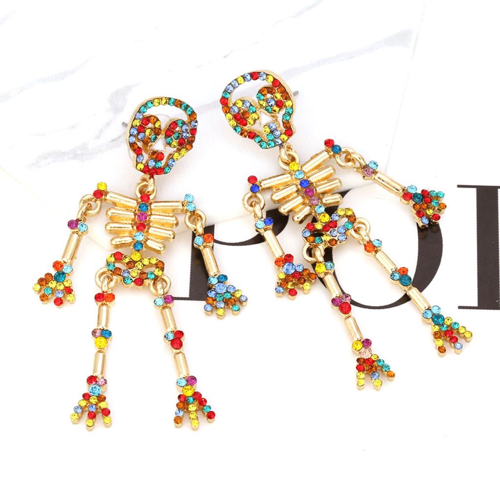 Skeleton Dangle Earrings Colorful Rhinestones Skull Stud Earrings Halloween
