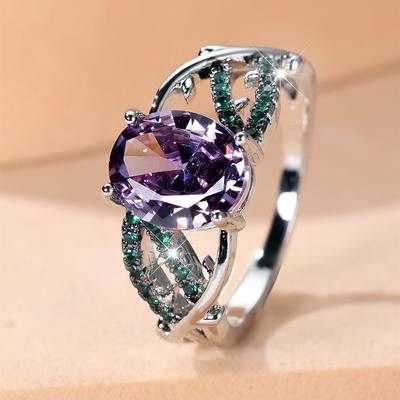 Damen Silber Farbe Oval Cut Lila Zirkonia Ringe für Frauen Elegante Hochzeit Partei Schmuck Geschenk