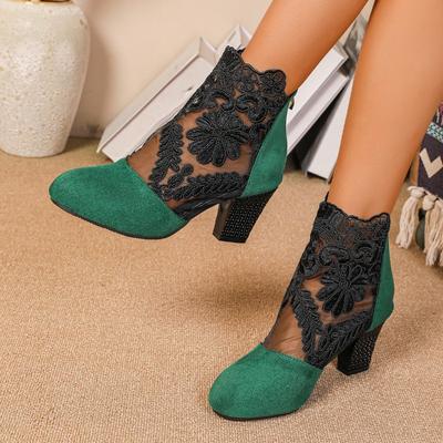 Mode Spitze und Mesh Absatz Kühlstiefel Damen Übergröße Mode Runde Zehenpartie Paneled Reißverschluss hinten Blockabsatz Römische Sandalen