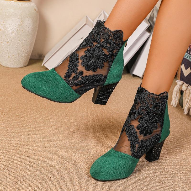 Mode Spitze und Mesh Absatz Kühlstiefel Damen Übergröße Mode Runde Zehenpartie Paneled Reißverschluss hinten Blockabsatz Römische Sandalen