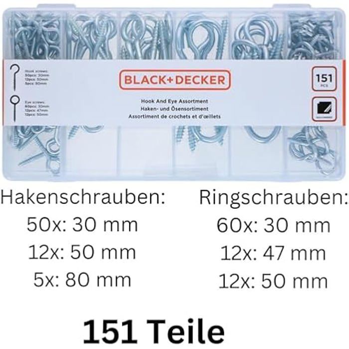 Vis À Crochet Et À Anneau - Black + Decker - Lot De 151 Pièces - Galvanisé