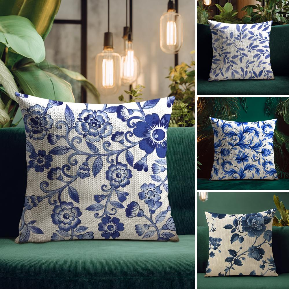 Blue Pattern Hot Cushion Cover Natural Linen Pillow Case DoubleSided Print Decorative Sofa Pillowcase Home Decor Gift