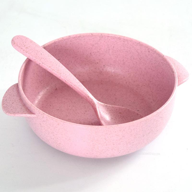 2pcs/set Wheat Straw Bowl with Spoon Lightweight Reusable Dessert and Salad Bowl Durable Breakfast Soup Bowl Children's Bowls