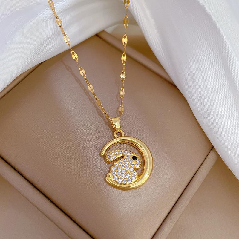 Titanium Steel Moon Pendant Necklace: Elegant Full Diamond Micro-Pave Design, Sparkling and Stylish for Women.