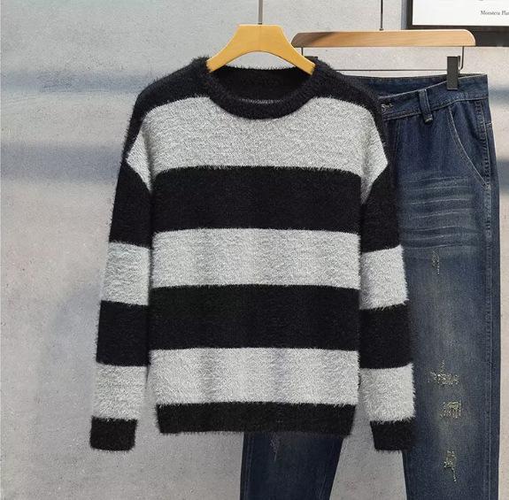 

Men s Autumn/Winter Black & White Striped Seahorse Wool Sweater - Korean Lazy Style, Soft Knit, Unisex, Casual Thick Jacket XL сірий колір