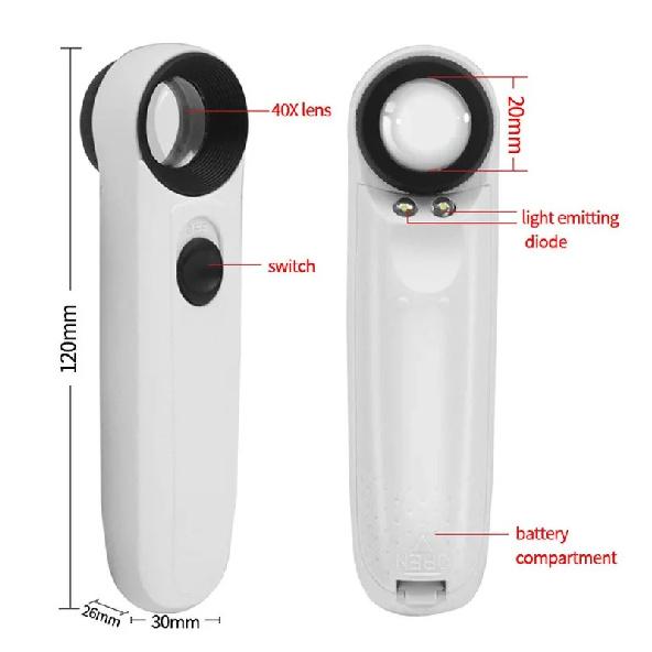 Handheld 40x Magnifying Glass with 2 LED Light Handheld Magnifier Loupe Acrylic Lens Glass Loupe Jewelry Repair Tool