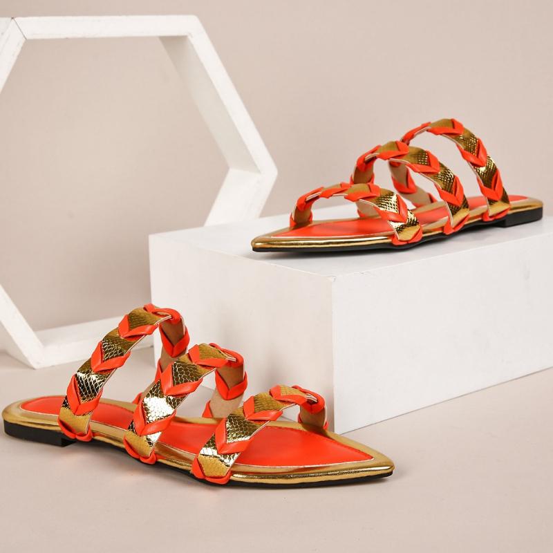 Fashion Pointed Toe Weave Flat Slippers Summer Fashion Open Toe Patchwork Women Sandals Casual Comfortable 36-43 Large Size Women Shoes