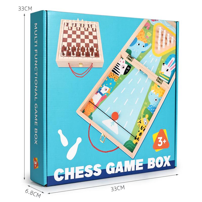 Double-Sided 4-in-1 Wooden Game Set: Chess, Five-in-a-Row, Go, Bowling - Children's Educational Toy
