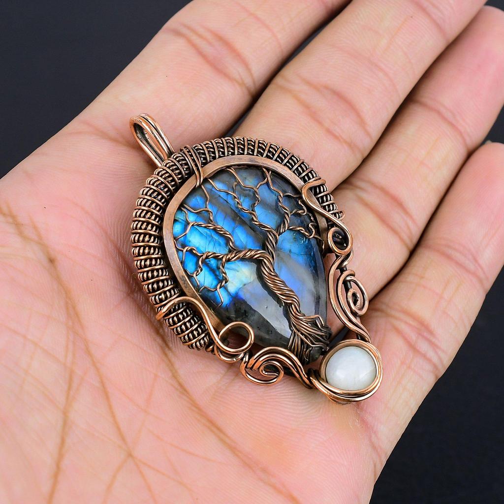 Baum des Lebens Labradorit Anhänger, Handgefertigter Edelstein 999 Kupferdraht Umwickelter Anhänger Antikschmuck, Zum Geschenk Silberschmuck