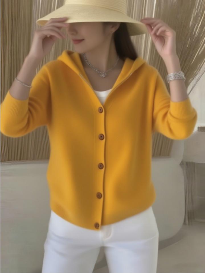 2025 Women's Knit Hooded Button Cardigan for Autumn/Winter – European & American Fashion, Solid Color & Casual