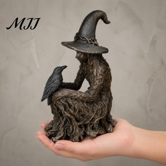 Crow Witch Sculpture Halloween Tree Statue, Gothic Resin Figurine, Fantasy Art Collectibles Dark Enchanting Ornament, Holiday Party Supplies