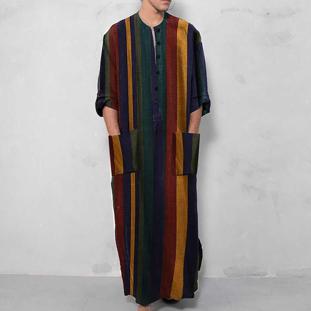 Men's Long Sleeve Arabian Striped Printed Shirt Muslim Men's Robe