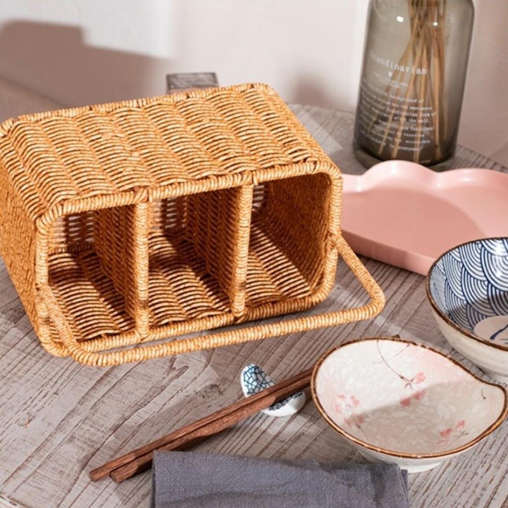 Large Capacity Woven Basket Space Saving Easy Clean Storage Tray with Handle Woven Weaving Utensil Organizer Basket