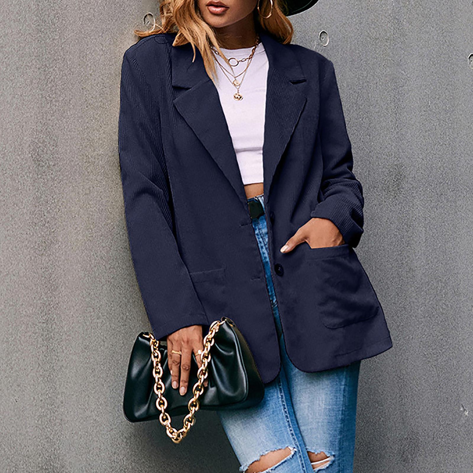 

Женский модный простой однобортный вельветовый однобортный костюм с длинными рукавами и карманами, пальто L темно-синий