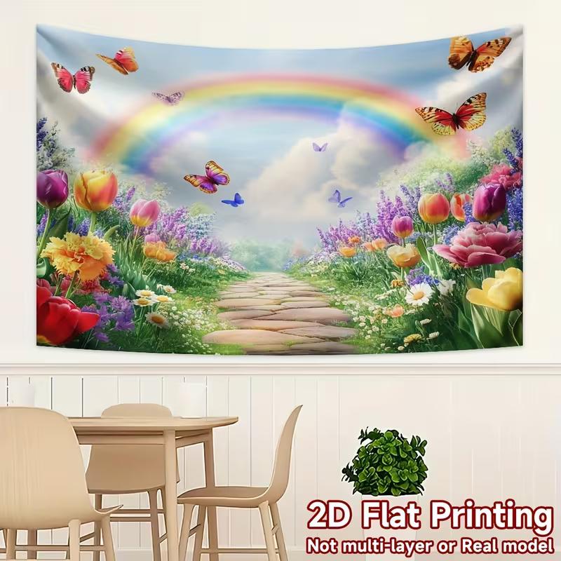 2D Frühlings-Regenbogen-Hintergrund, Bunter Garten mit Tulpen & Schmetterlingen Hintergrund für Outdoor-Themenveranstaltungen