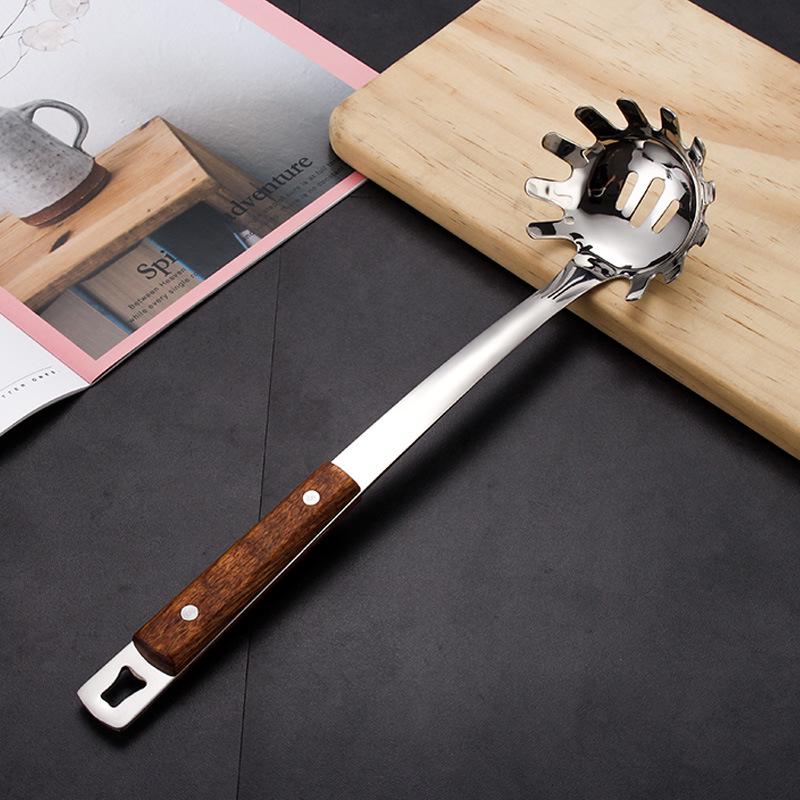 Rosewood Stainless Steel Kitchen Utensil Set: Long-Handled Spatula, Frying Spatula, Thickened Soup Ladle, Slotted Spoon, and Cooking Spoon.