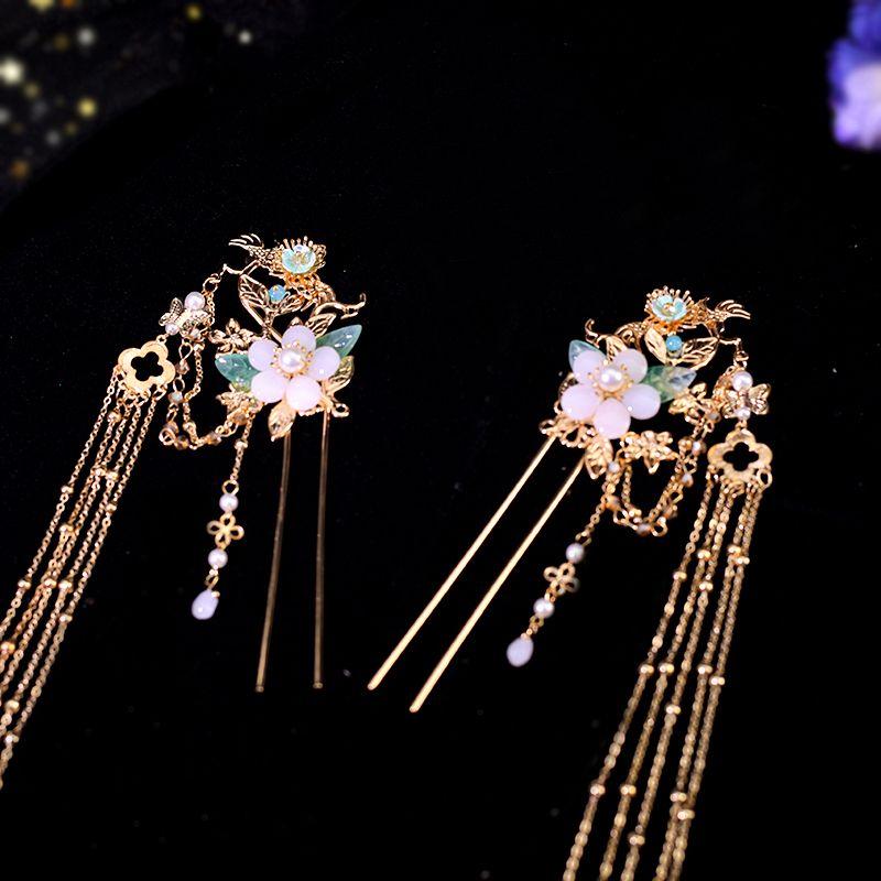 Set di Bacchette per Capelli da Donna Fiore in Metallo con Perline Frangia Fermagli Orecchini Copricapo Cinese