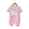 Roztomilý letní set pro holky s králíčkem a proužky: Tričko s krátkým rukávem a overal