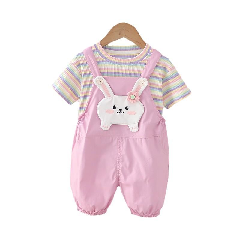 Roztomilý letní set pro holky s králíčkem a proužky: Tričko s krátkým rukávem a overal