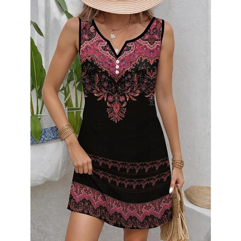 YYFS Damenmode Sommer Frühling Blumenmuster Druck Ärmellos V-Ausschnitt Lockere Taille Freizeitkleider XL brown
