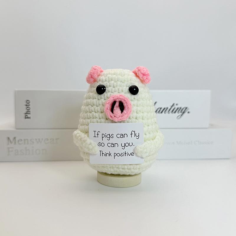 Funny Positive Crochet Cow Doll Desktop Ornament Handmade Cheer Emotional Support Positive Cow with Card Home Party Decoration