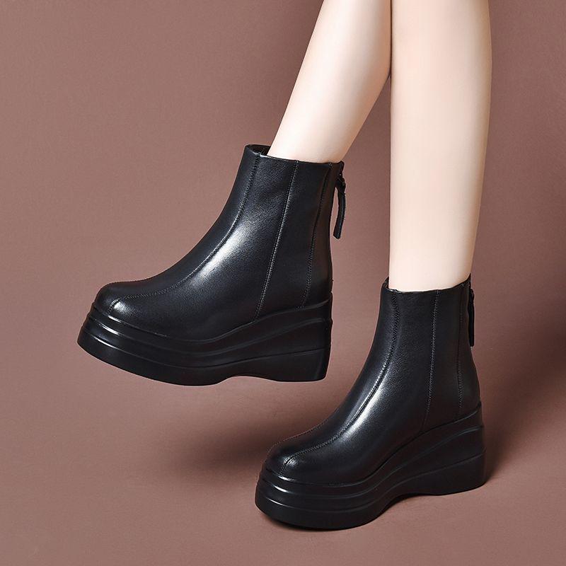 Petite Women's Wedge Heel Ankle Boots - Fleece Lined, Thick Sole, Height Increasing Platform, 2025 Autumn/Winter Style.