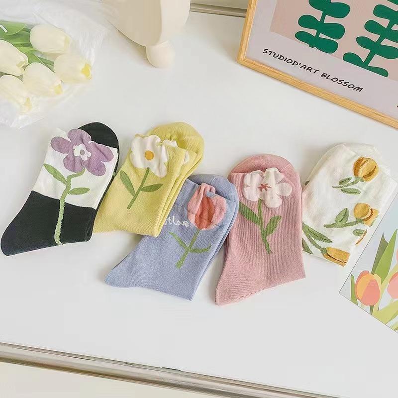 Flower Socks For Women Korean Cotton Cute Socks Style Middle Tube For Girl Breathable Casual Sweet Female Floral Socks