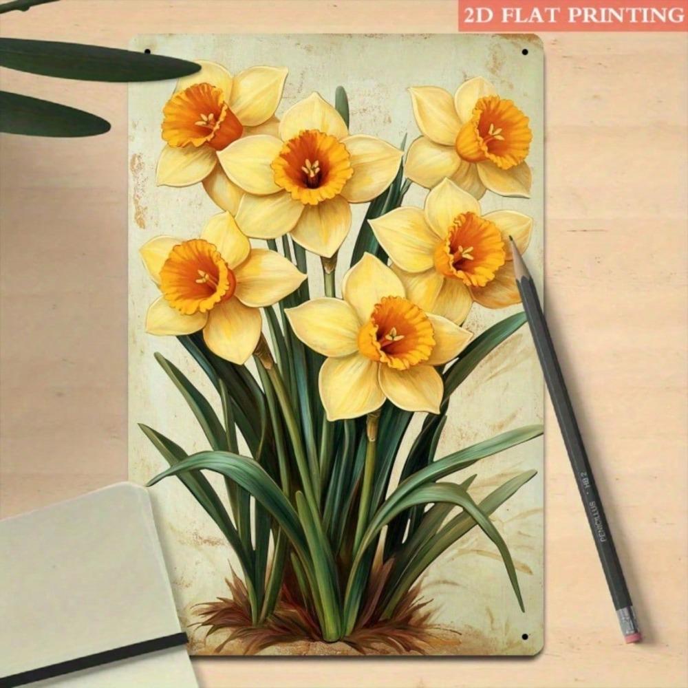 Vintage Yellow Daffodil Metal Sign, Flat Floral Wall Art with Green Leaves, Home Office Hallway Decor, 7.87x11