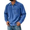 Men's Solid Color T-Shirt Washed Sports Button Pocket Lapel Collar Long Sleeve Tops