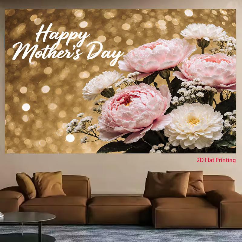 2D Happy Mother's Day Backdrop with Pink Peony and Gold Bokeh Photography Background