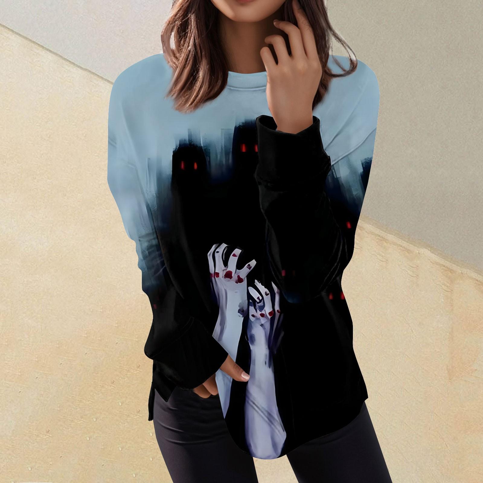 

Жіночий модний пуловер з довгим рукавом, повсякденна футболка на Хелловін, вільний топ з принтом XL Темно-синій